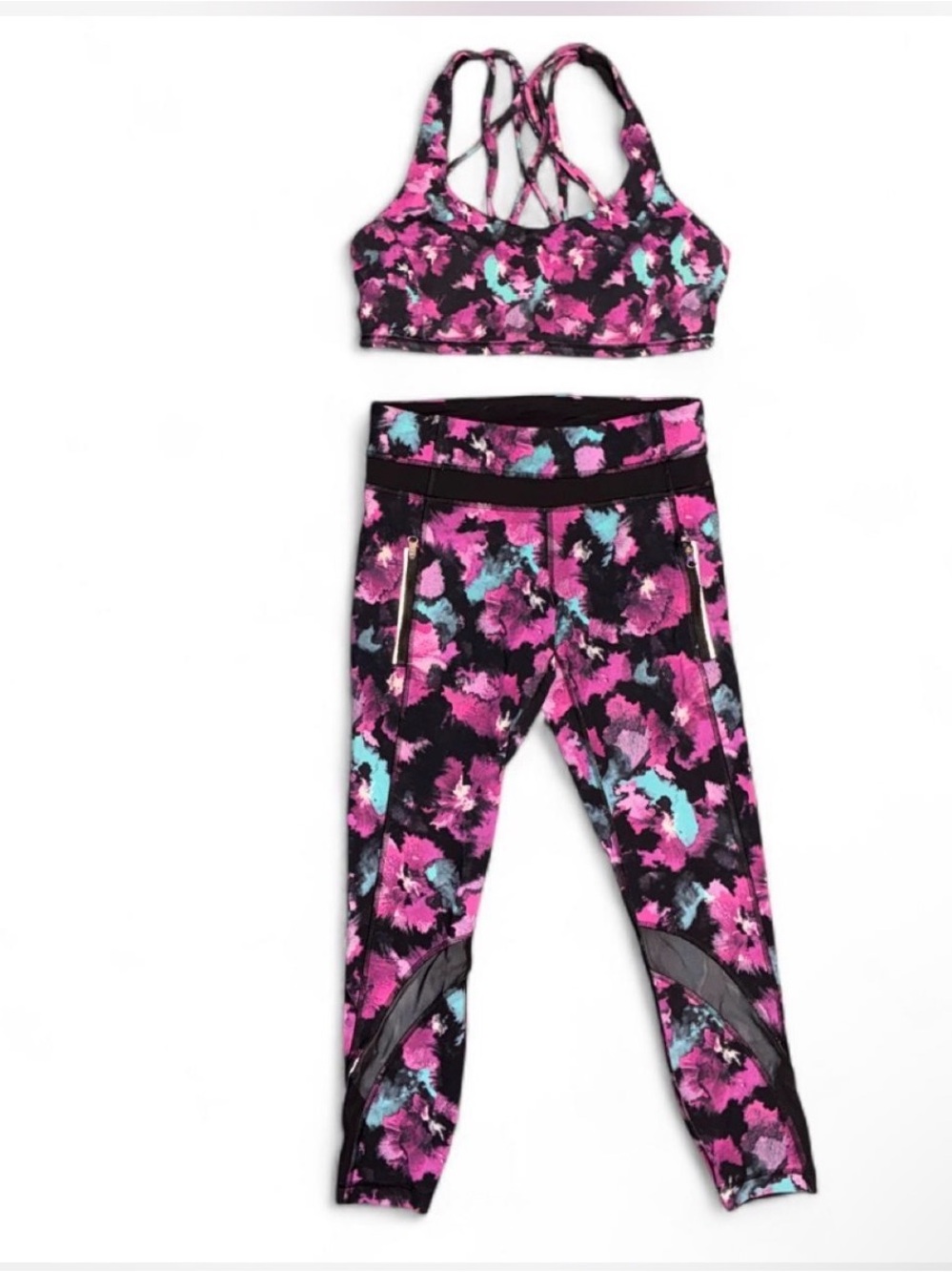 lululemon athletica Pink & Aqua Floral Leggings with Strappy Sports Bra Set